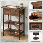 GRUSIGN End Table with Charging Station, Flip Top Side Table with USB Ports and Outlets, 3-Tier Small Side Table with Storage for Small Space, End Tables for Living Room/Bedroom, Rustic Brown