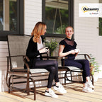 Outsunny Outdoor Glider Bench with Center Table Metal Frame Armrests Brown | Patio Loveseat, Breathable Mesh Fabric, for Backyard Garden Porch