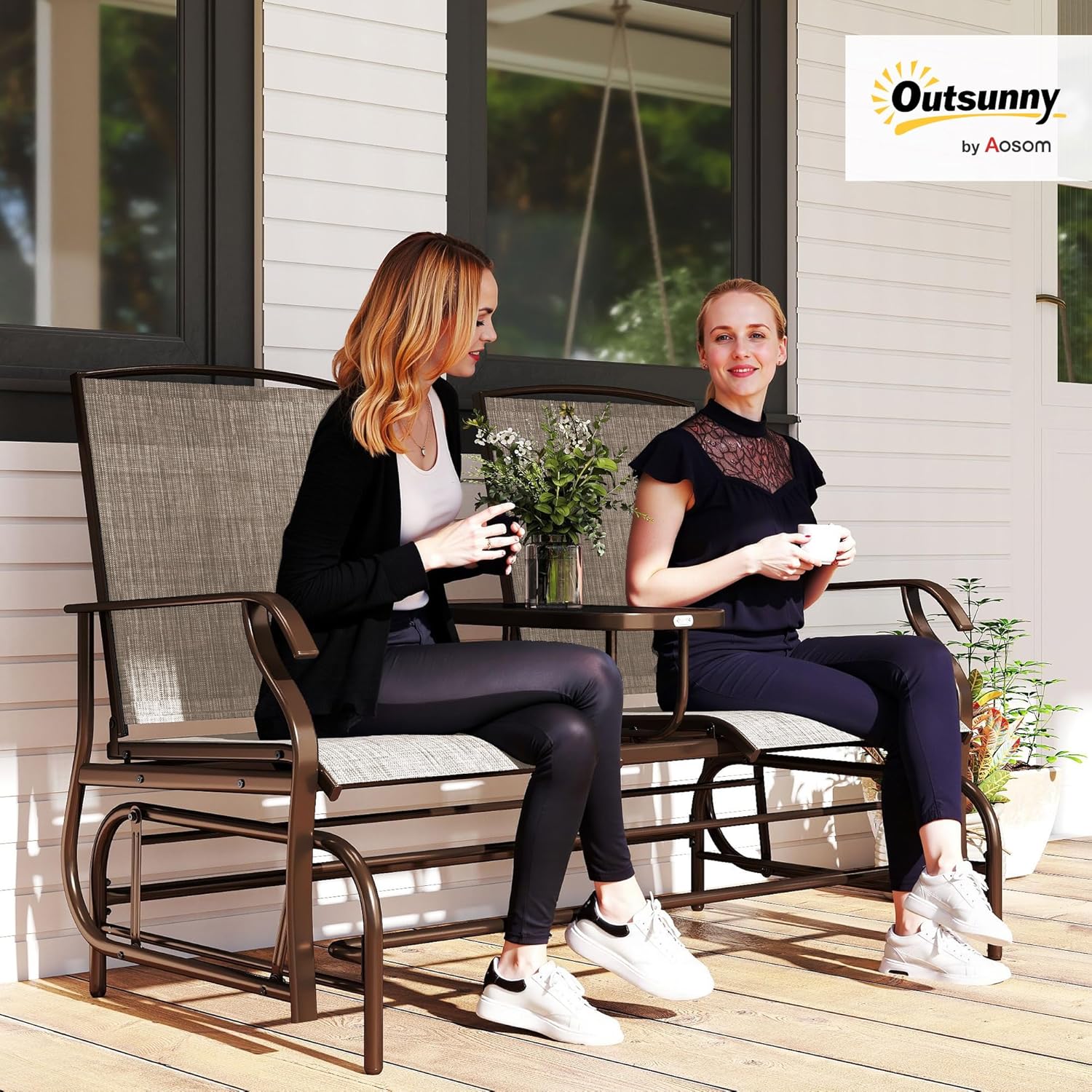 Outsunny Outdoor Glider Bench with Center Table Metal Frame Armrests Brown | Patio Loveseat, Breathable Mesh Fabric, for Backyard Garden Porch