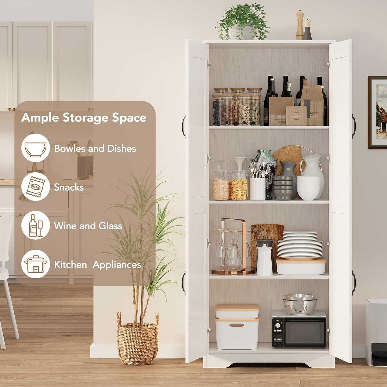 GAOMON Adjustable Shelf Storage Cabinet 60" Tall White, 2-Door Pantry with Shelves for Kitchen Organization, Bathroom Storage, Living Room