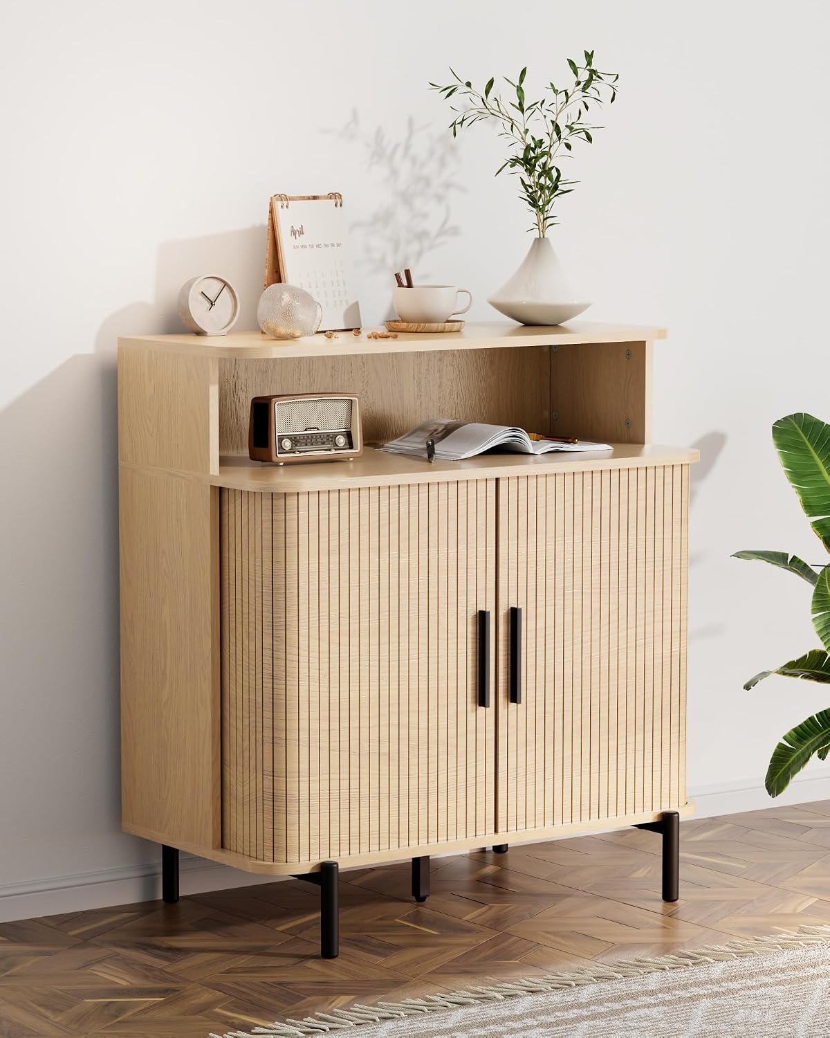 SUNCOZE Buffet Sideboard Cabinet with Big Storage Space, Fluted Coffee Bar Cabinet with Shelves, Modern Wood Console Cabinet for Kitchen, Entryway & Living Room (Wood)