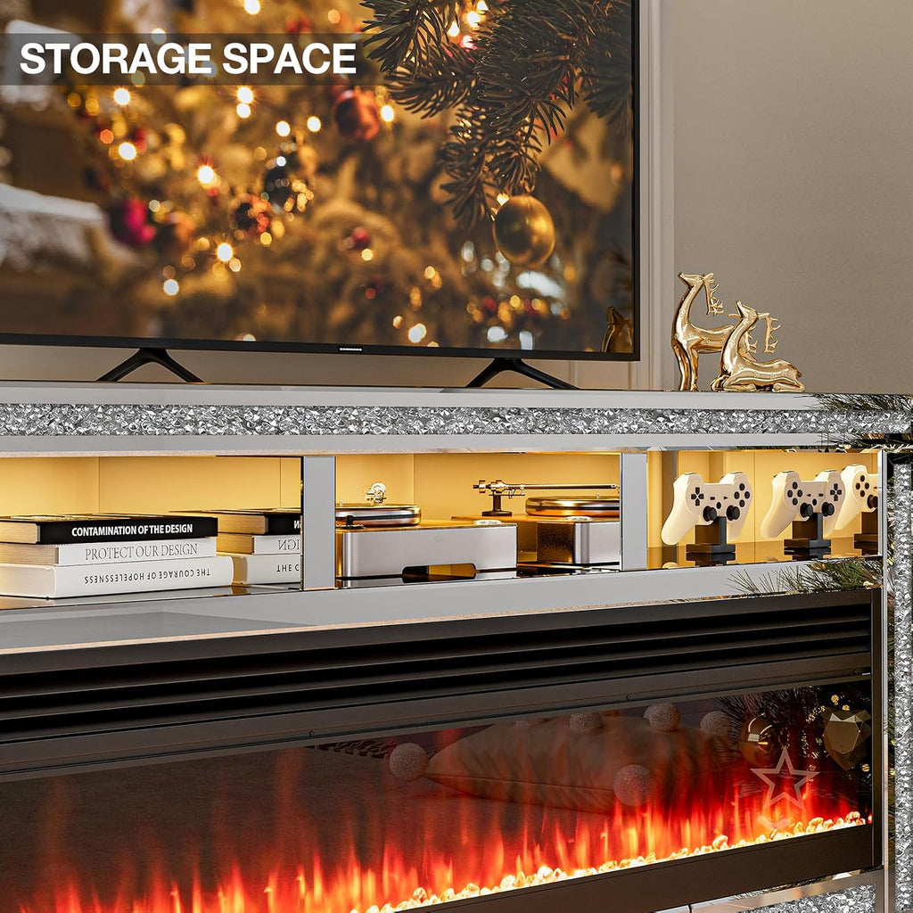 IKIFLY Mirrored Fireplace TV Stand for 65+ inch TV, Silver TV Console Table with Crushed Diamond and LED, Modern Media Entertainment Center for Living Room Remote Control