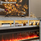 IKIFLY Mirrored Fireplace TV Stand for 65+ inch TV, Silver TV Console Table with Crushed Diamond and LED, Modern Media Entertainment Center for Living Room Remote Control