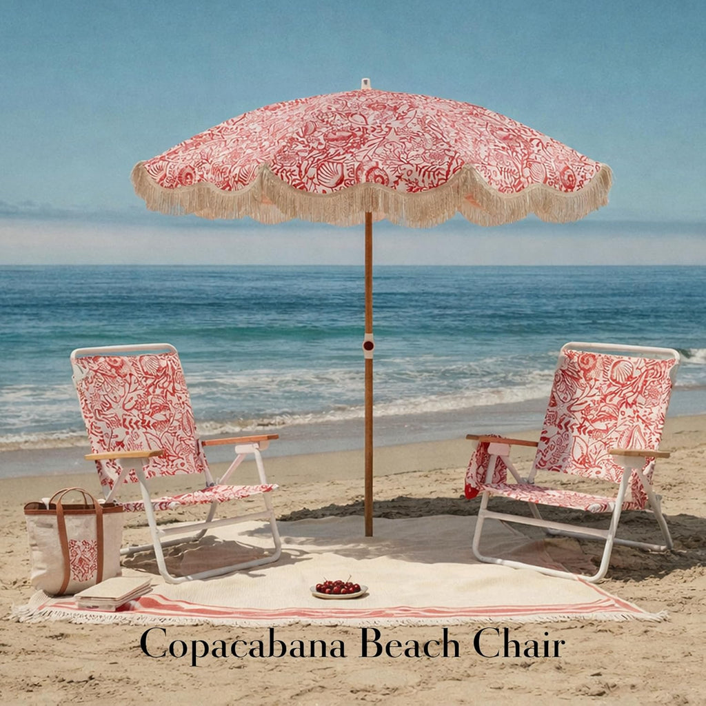5-Position Low Beach Chair, Portable Lightweight Folding Beach Chair with Wooden Armrests, Storage Pouch & Carry Strap, Coastal Beach Print – Reef Crimson