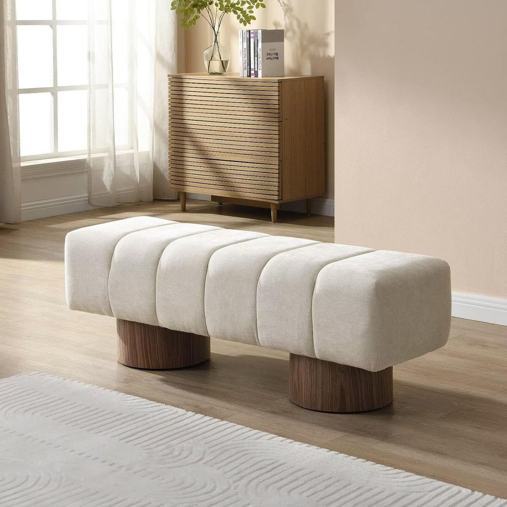 50" Upholstered Dining Bench, No-Assembly Chenille Fabric Ottoman Stool with Wood Legs, 300LB Capacity Multi-Functional Seating for Entryway, Bedroom, Bedside, Living Room, Beige