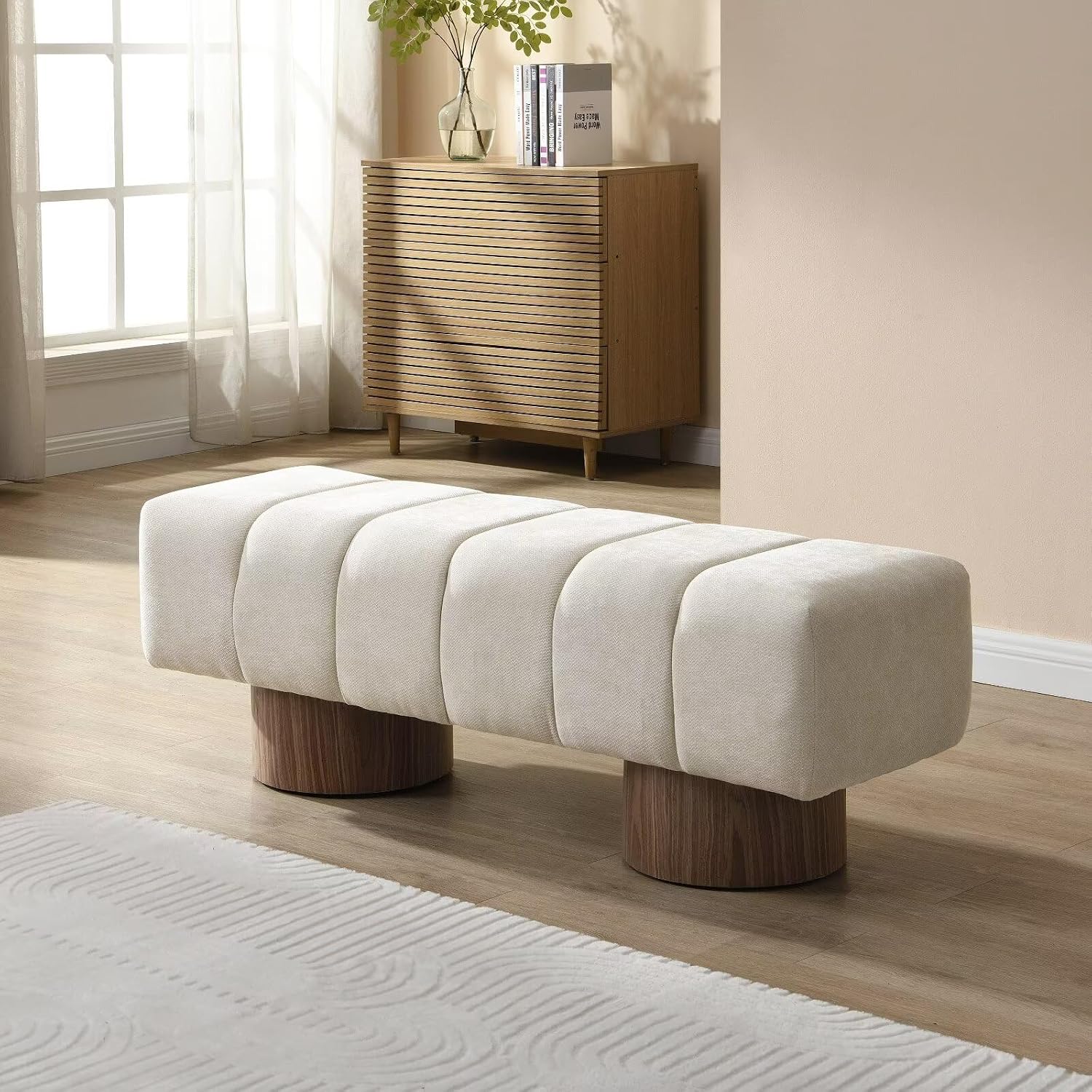 50" Upholstered Dining Bench, No-Assembly Chenille Fabric Ottoman Stool with Wood Legs, 300LB Capacity Multi-Functional Seating for Entryway, Bedroom, Bedside, Living Room, Beige