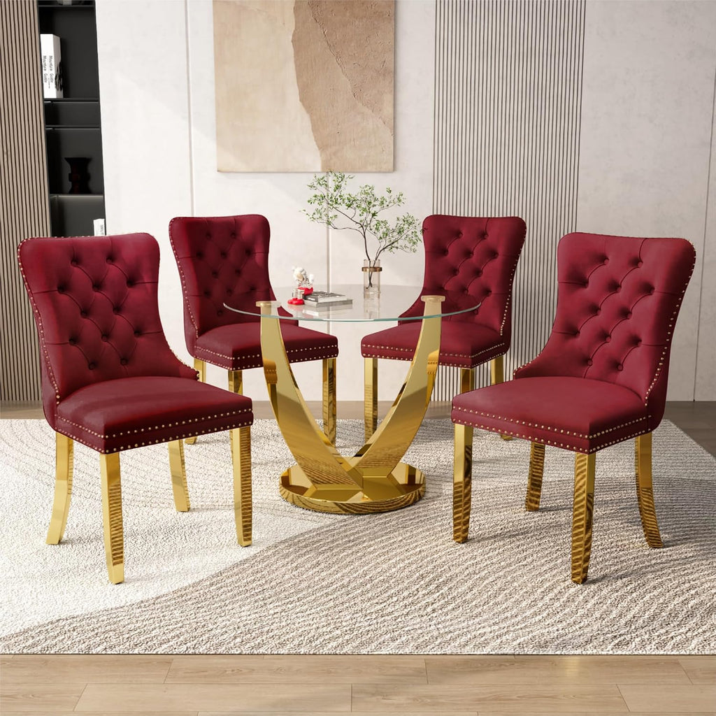38.9 Inch Round Glass Dining Table Set for 4, Golden Round Kitchen Table with 4 Upholstered Velvet Accent Chairs, 5 Piece Modern Dining Room Set, for Home, Apartment, Kitchen - Red Chairs