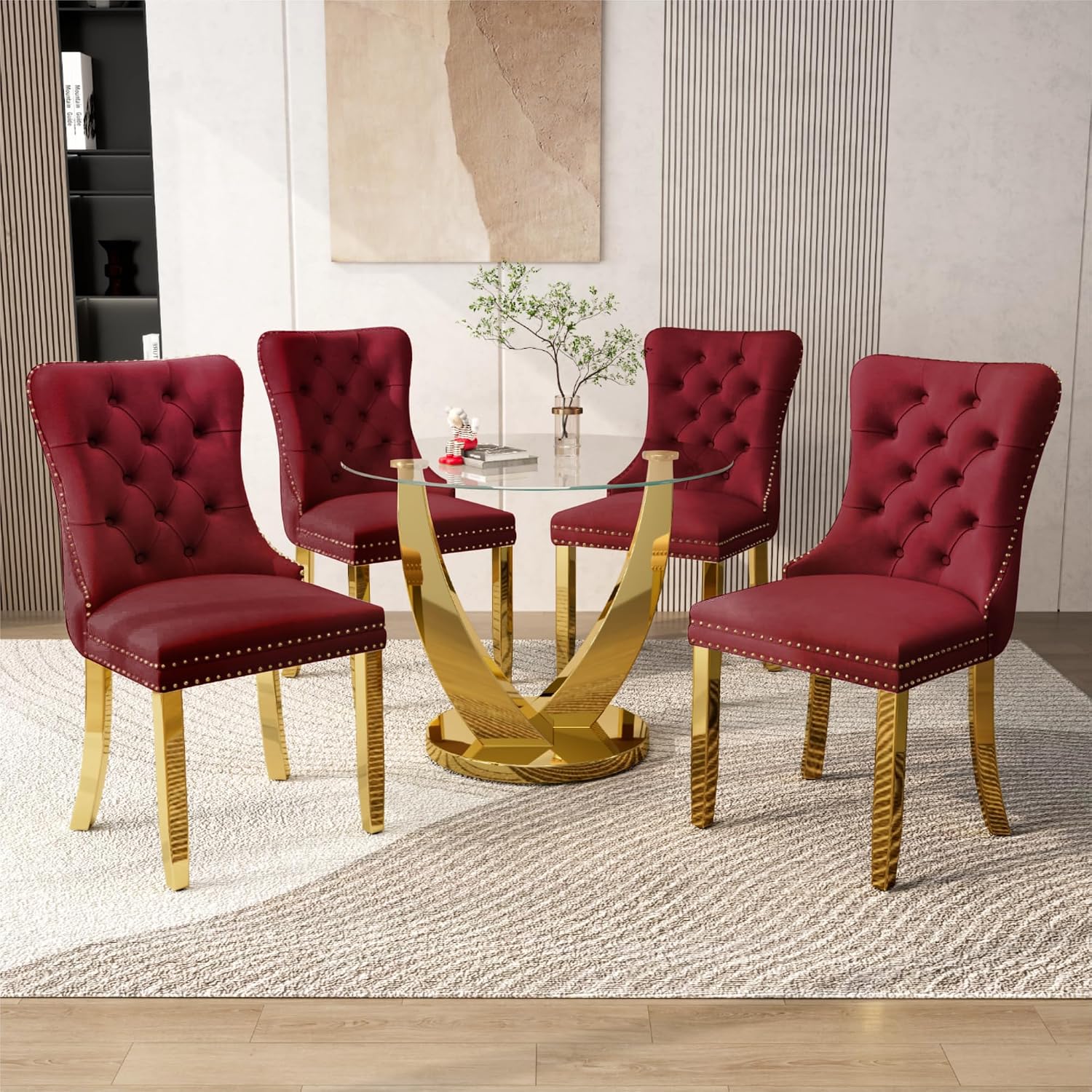 38.9 Inch Round Glass Dining Table Set for 4, Golden Round Kitchen Table with 4 Upholstered Velvet Accent Chairs, 5 Piece Modern Dining Room Set, for Home, Apartment, Kitchen - Red Chairs