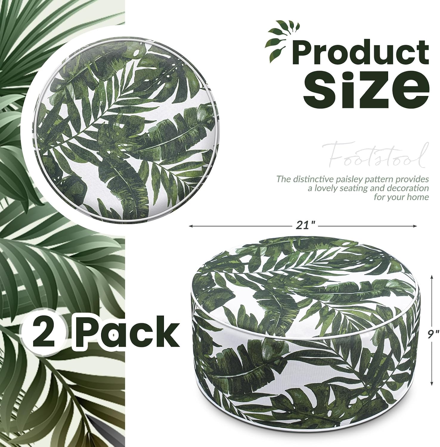 Cinnvoice 2 Pcs Inflatable Outdoor Ottoman Pouf Waterproof Round Footrest with Handle D21 x H9 Inch Indoor Outdoor Portable Footstool for Patio Garden Camping or Home Pool(Leaf)