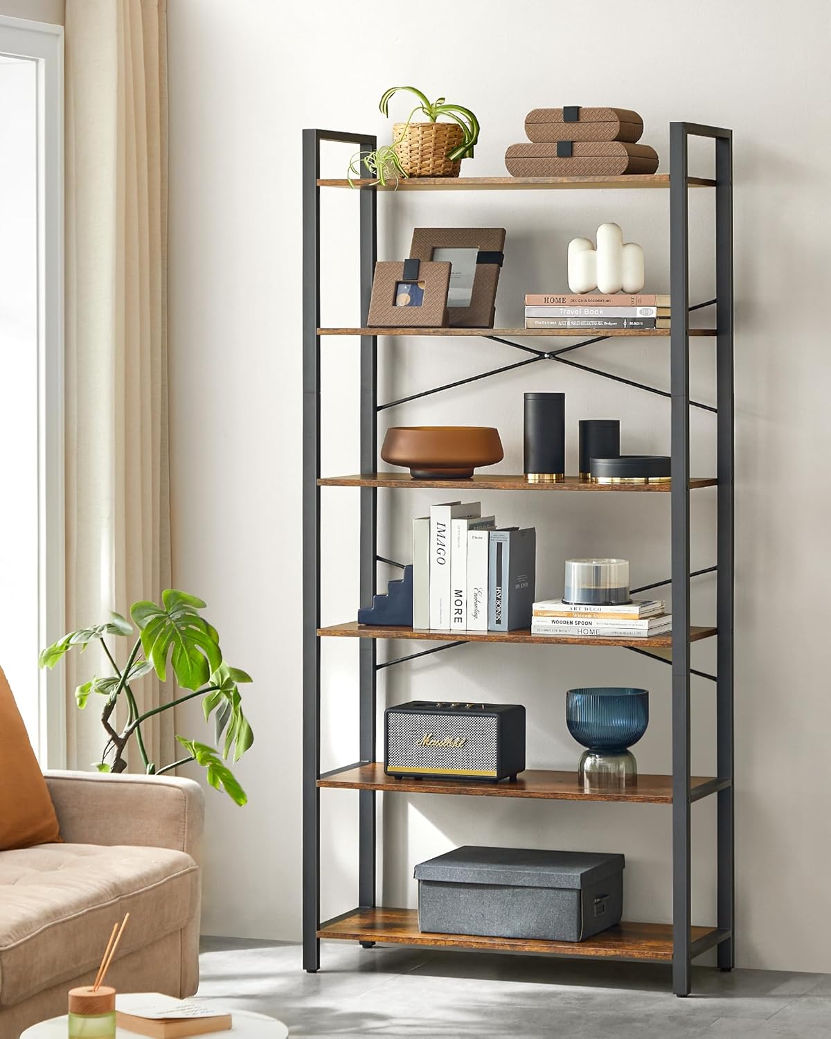 VASAGLE 6-Tier Bookshelf, Bookcase with Steel Frame, Book Shelf for Living Room, Home Office, Study, 11.8 x 31.5 x 73.2 Inches, Industrial Style, Rustic Brown and Ink Black ULLS082B01