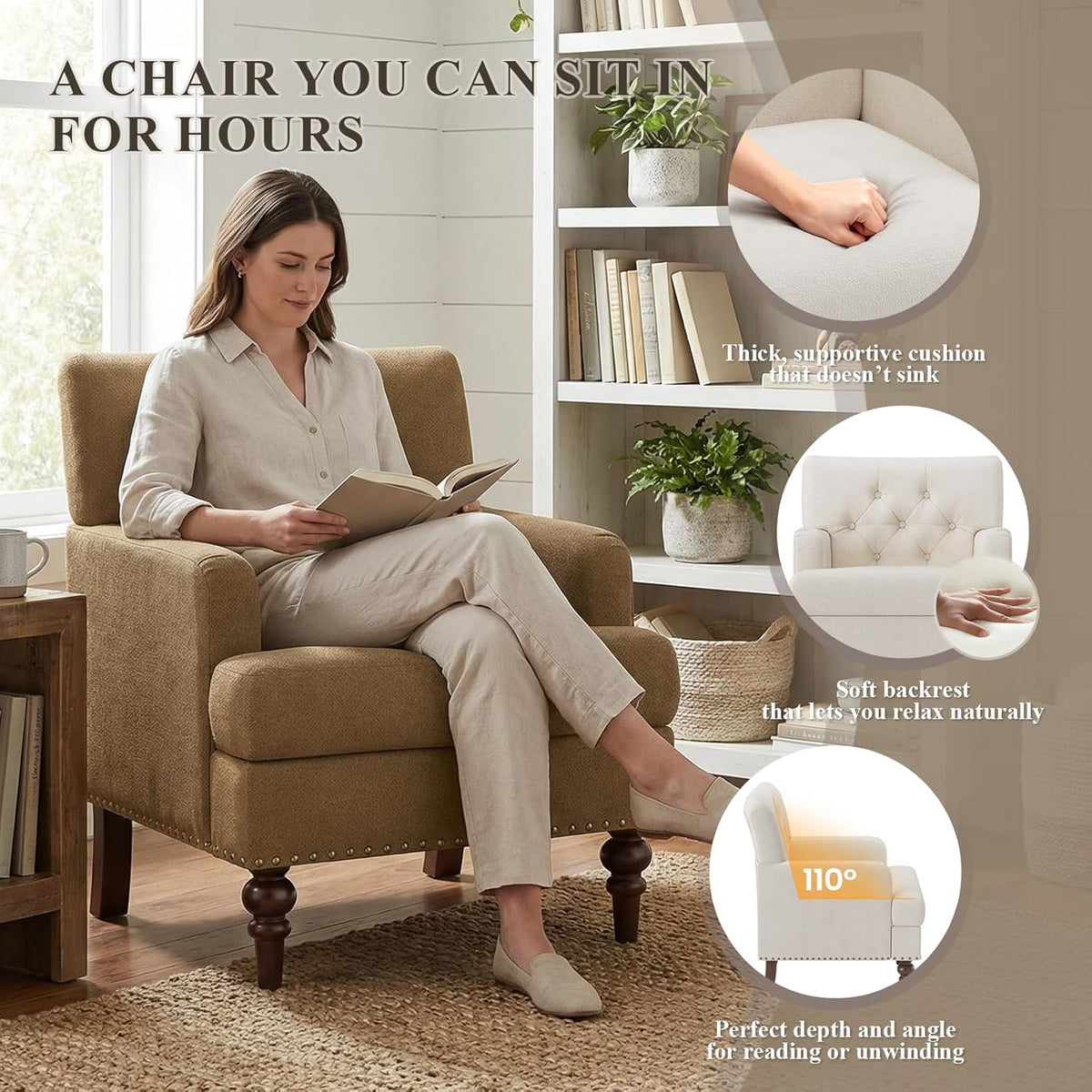 MALOL Upholstered Accent Chair Set of 2, Comfy Reading Chair for Living Room, Mid Century Modern Armchair with Thick Cushion & Solid Rubberwood Legs, for Bedroom/Small Spaces, Brown