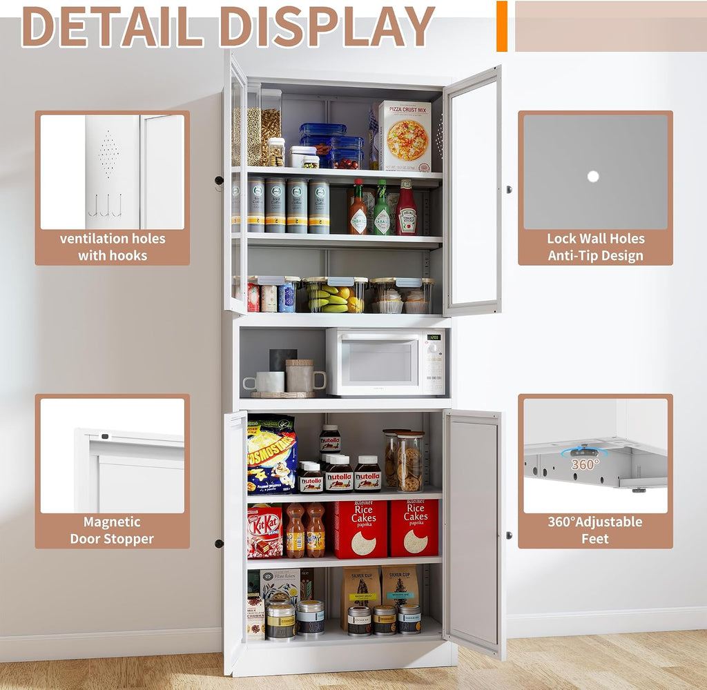 Havemies Modern White Metal Pantry Cabinet - 72" Freestanding Multifunctional Storage for Decluttering Kitchen, Pantry, Bathroom & Laundry Room