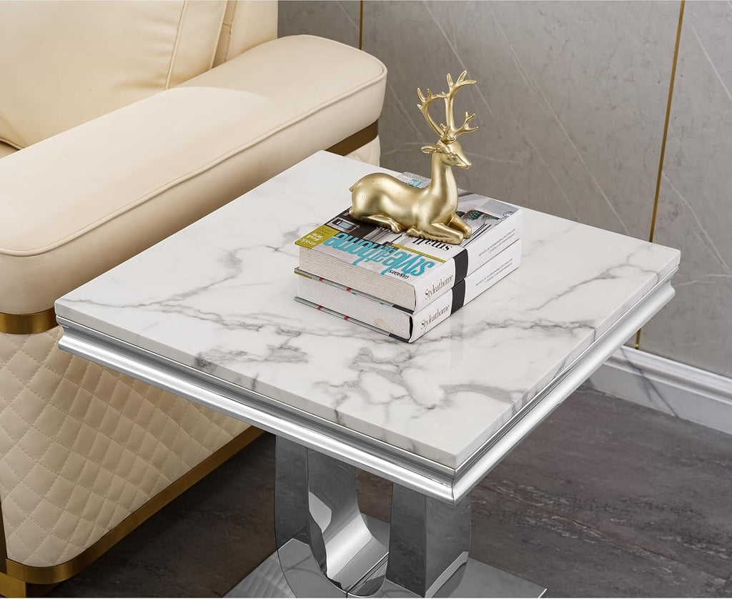 Faux Marble End Table, Modern Rectangular Conner Table with Faux Marble Top U Shape Stainless Steel Base for Bedroom Home Office