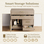 Fluted File Cabinet with 5 Drawers, Large Storage with Cabinet Door, Mobile Filing Cabinet with Locable Wheels for Home Office, Light Oak