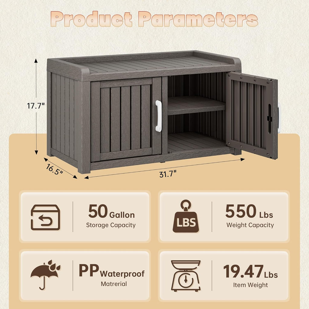 2-Tier Storage Bench, Waterproof UV-Resistant Outdoor Shoe Storage Cabinet with 2 Doors & Adjustable Shelves for Indoor Outdoor Entryway, Hallway, Living Room (Classic Grey)
