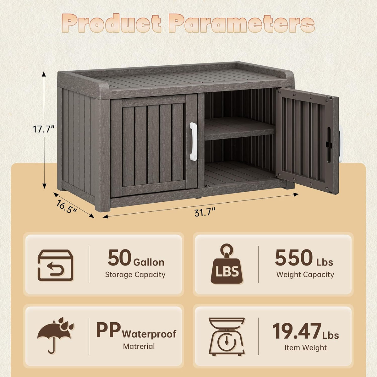 2-Tier Storage Bench, Waterproof UV-Resistant Outdoor Shoe Storage Cabinet with 2 Doors & Adjustable Shelves for Indoor Outdoor Entryway, Hallway, Living Room (Classic Grey)