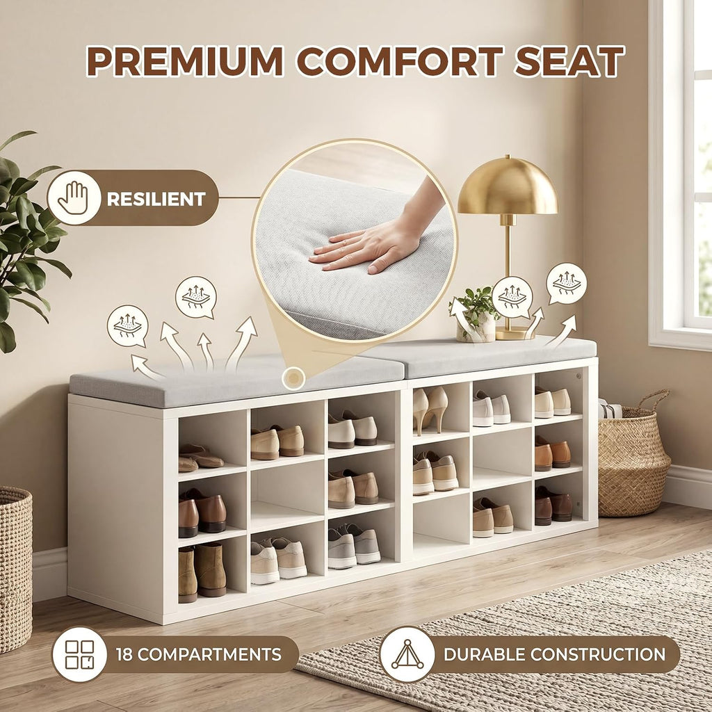 AMONIDA Shoe Storage Bench with Cushion, Entryway Bench with Shoe Storage,18 Cubby Shoe Bench with Removable Dividers, Shoe Organizer Bench for Entryway, Living Room, Light Grey (18, White)