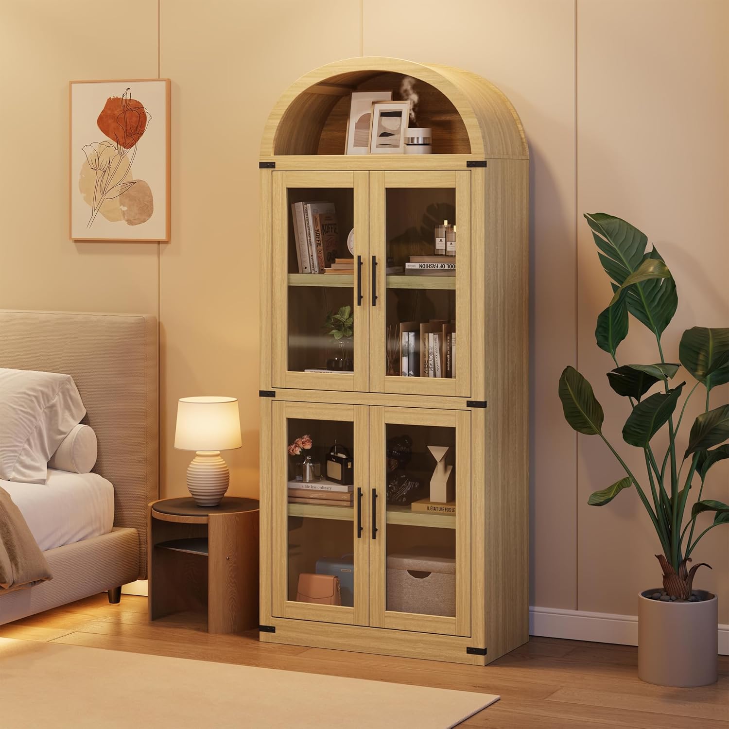 GAOMON 72" Tall Arched Kitchen Pantry Cabinet, Modern Farmhouse Arched Storage Cabinet with Glass Doors, Versatile Cupboard for Kitchen, Dining Room, Living Room, Office and Bathroom, Natural