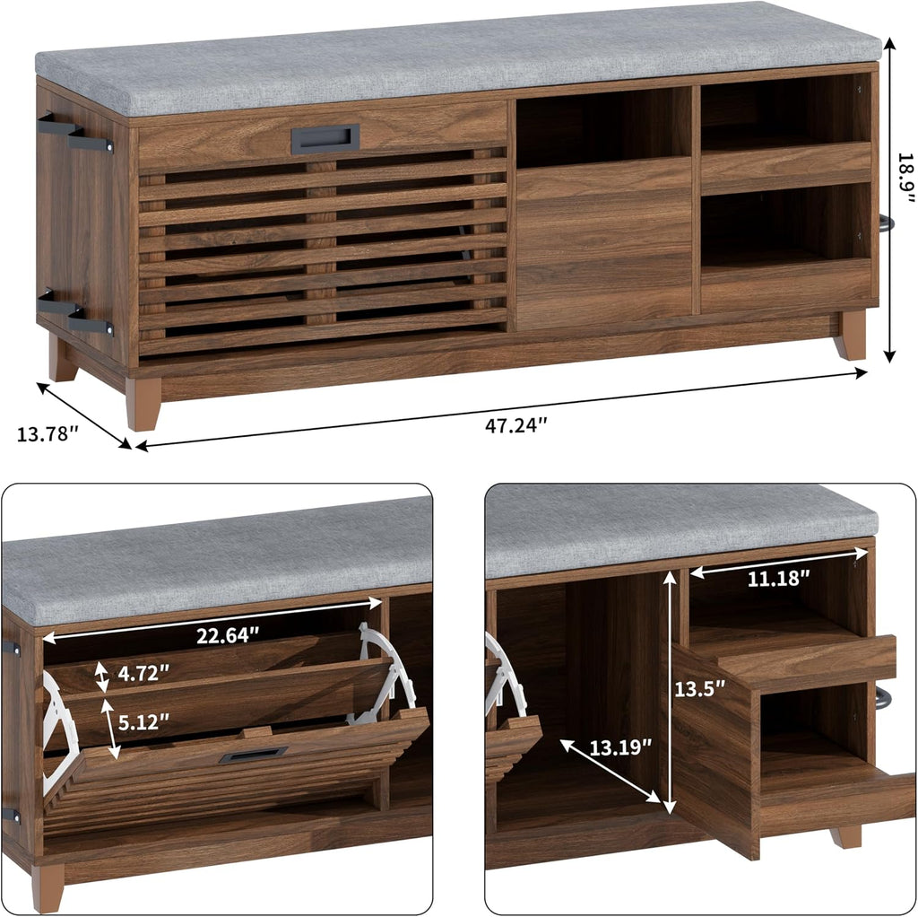 Gyfimoie 2-Tier Shoe Storage Bench,47" Entryway Bench with 2 Flip Drawers & Padded Seat Cushion, Walnut Shoe Bench with Adjustable Shelves & Sliding Doors,Storage Bench for Entryway,Hallway,Bedroom