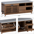 Gyfimoie 2-Tier Shoe Storage Bench,47" Entryway Bench with 2 Flip Drawers & Padded Seat Cushion, Walnut Shoe Bench with Adjustable Shelves & Sliding Doors,Storage Bench for Entryway,Hallway,Bedroom