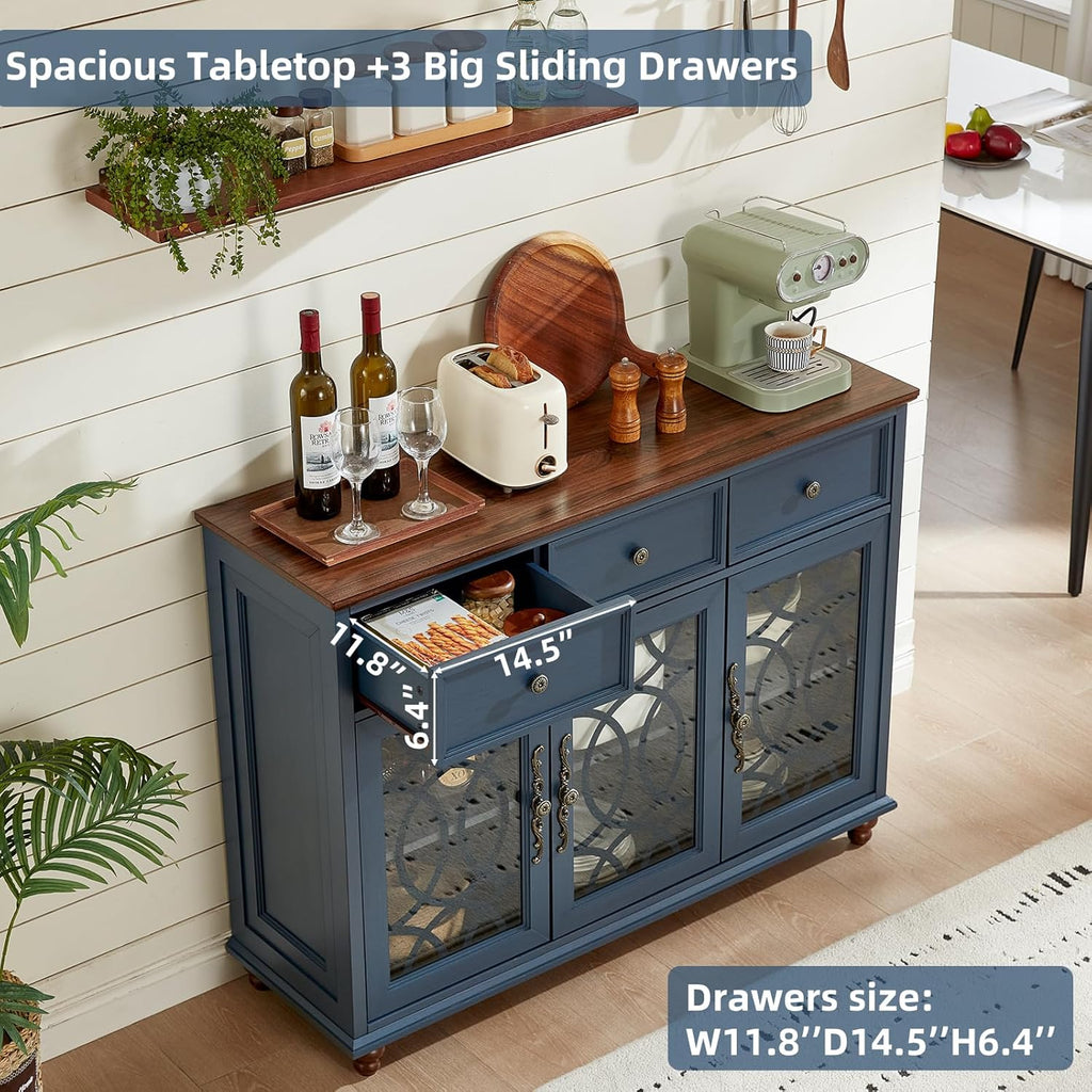Joaxswe Farmhouse Sideboard Buffet Cabinet with Storage,48" Large Credenza with 3 Glass Doors & 3 Drawers,Adjustable Shelves Console Table,Wood Kitchen Coffee Bar for Dining Room,Living Room,Navy Blue