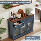 Joaxswe Farmhouse Sideboard Buffet Cabinet with Storage,48" Large Credenza with 3 Glass Doors & 3 Drawers,Adjustable Shelves Console Table,Wood Kitchen Coffee Bar for Dining Room,Living Room,Navy Blue