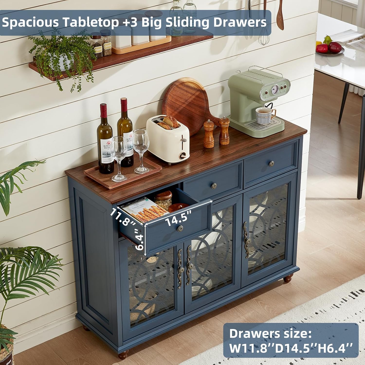 Joaxswe Farmhouse Sideboard Buffet Cabinet with Storage,48" Large Credenza with 3 Glass Doors & 3 Drawers,Adjustable Shelves Console Table,Wood Kitchen Coffee Bar for Dining Room,Living Room,Navy Blue