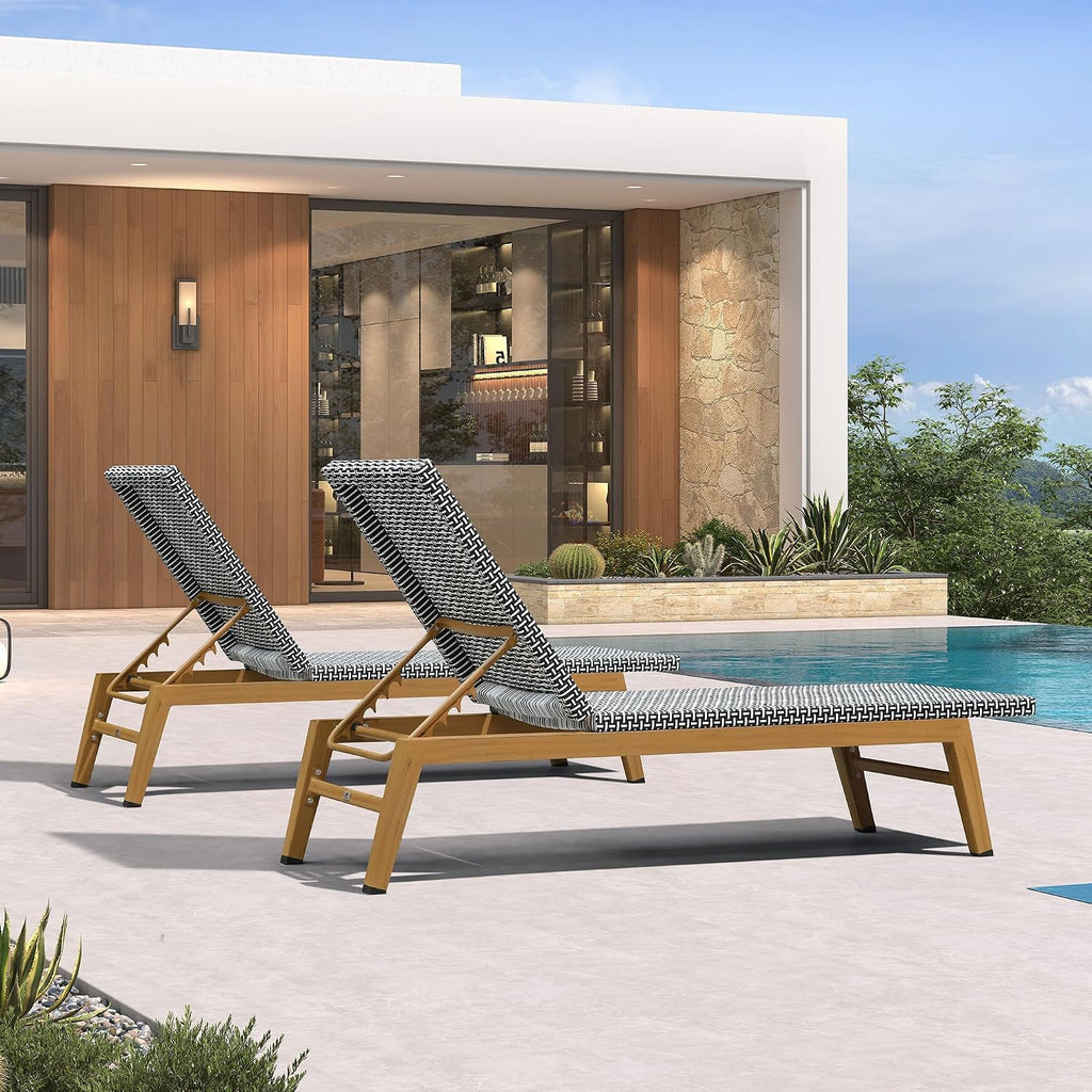 PURPLE LEAF Outdoor Chaise Lounge Chair Wood Grain Aluminum Set of 2, Black | 3-Year Color Retention PE Rattan, 2.4" Thickened Aluminum Frame, 16.14" Knee-Friendly Height, French-Inspired Style