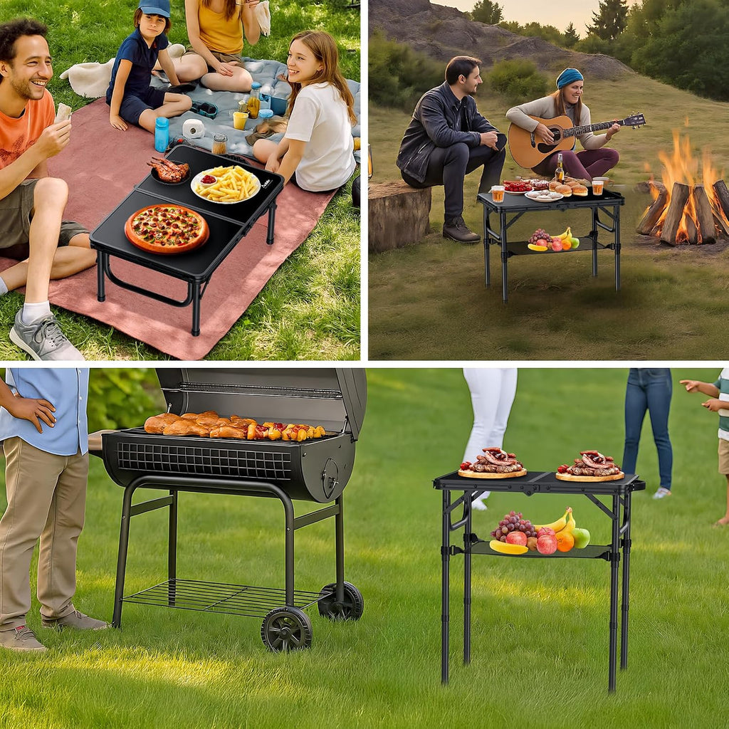 Anbte 2ft Folding Camping Table, 3 Adjustable Heights Small Folding Table | Aluminum Lightweight Folding Table, with Portable Handle & Storage Net, for Camp Beach Travel Fishing Outdoor, 23"x16", Black