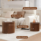 Small Fluted Round Nesting Coffee Table Set of 2, Mid Century Modern Coffee Table Circle Side Table, Wood Nesting Table Farmhouse End Tables Set for Living Room, Bedroom, Small Spaces(Walnut