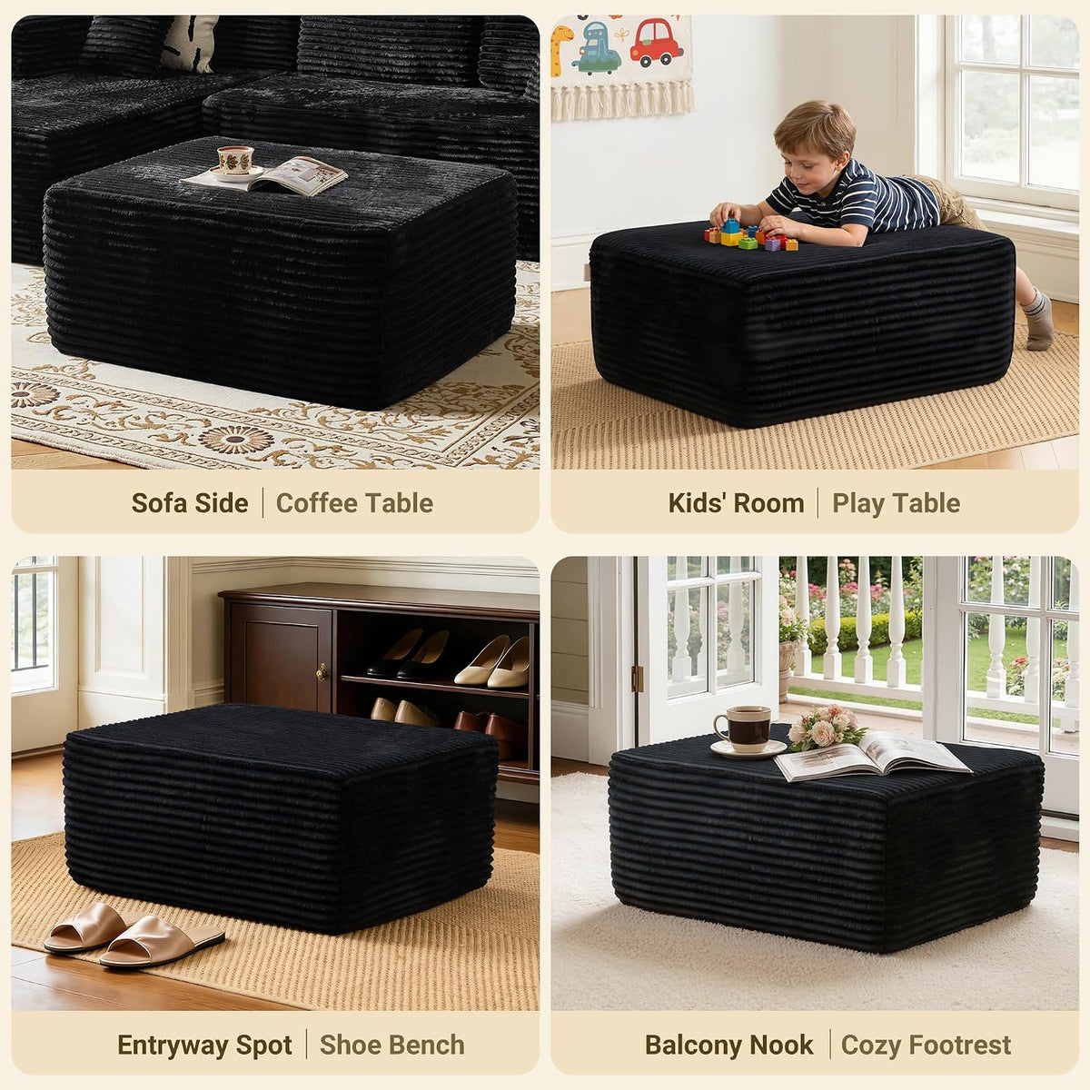 37" Square Cloud Couch Ottoman Footstool, Upholstered Foam Filling Footrest Ottomans for Couch,Large Seat,Soft Fluffy Foot Stool for Living Room Bedroom, No Assembly Required,Black,Plush Corduroy