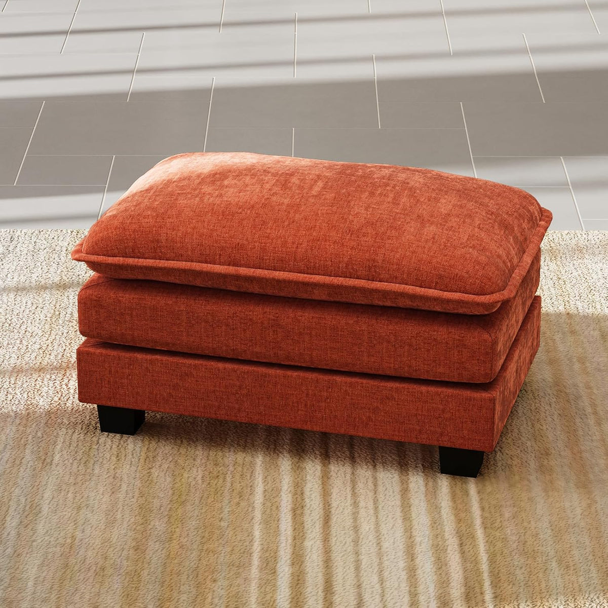 HUSFU Chenille Upholstered Rectangle Ottoman, Foot Stool, Durable Frame, Large Padded, Modular Sectional Couch Add Ons for Living Room, Bedroom, Assembly Required, Orange