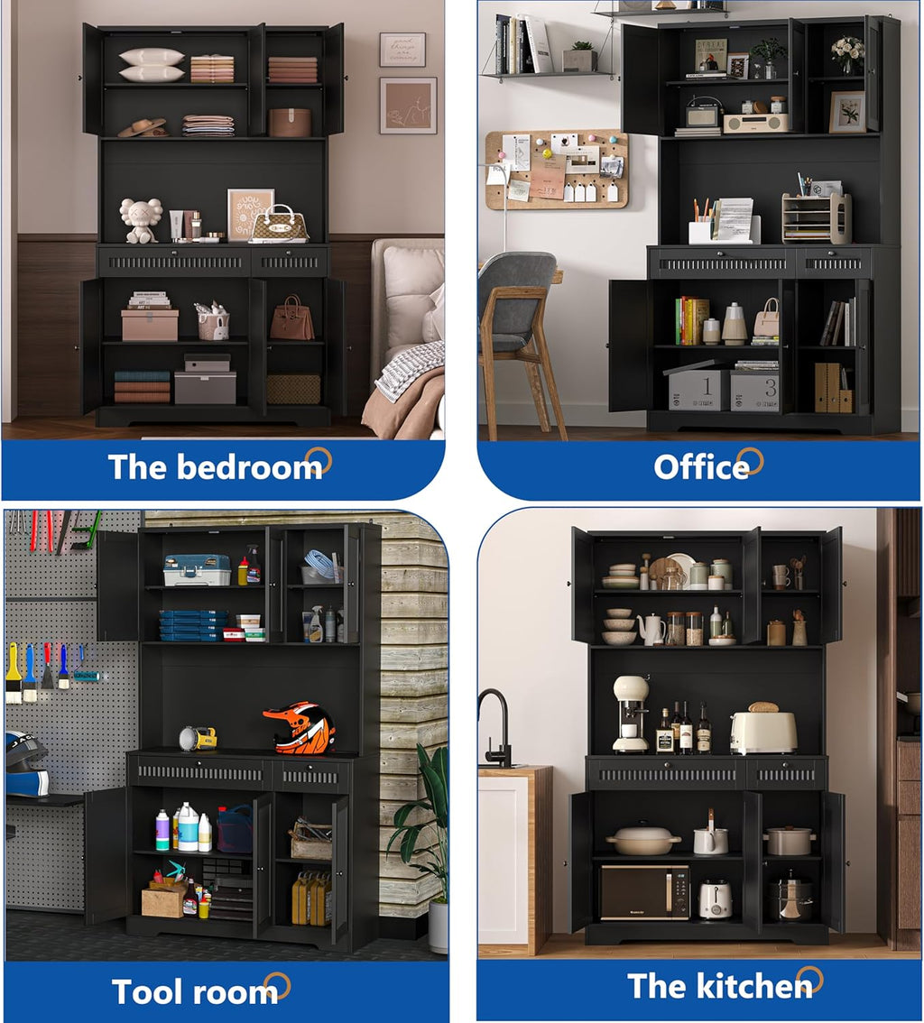 Pantry Storage Cabinet with Charging Station, Kitchen Storage with Adjustable Shelves, Food Pantry Cabinet with Coffee Bar Storage, Modern Kitchen Cupboard for Dining Room, Living Room, Black