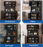 Pantry Storage Cabinet with Charging Station, Kitchen Storage with Adjustable Shelves, Food Pantry Cabinet with Coffee Bar Storage, Modern Kitchen Cupboard for Dining Room, Living Room, Black