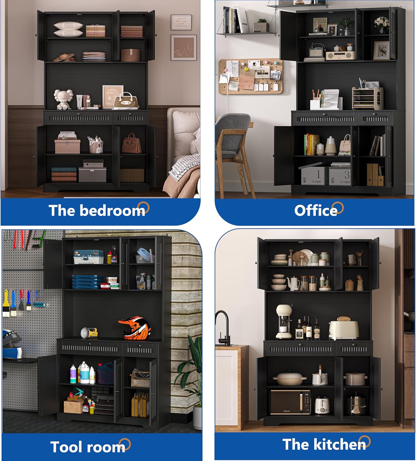 Pantry Storage Cabinet with Charging Station, Kitchen Storage with Adjustable Shelves, Food Pantry Cabinet with Coffee Bar Storage, Modern Kitchen Cupboard for Dining Room, Living Room, Black