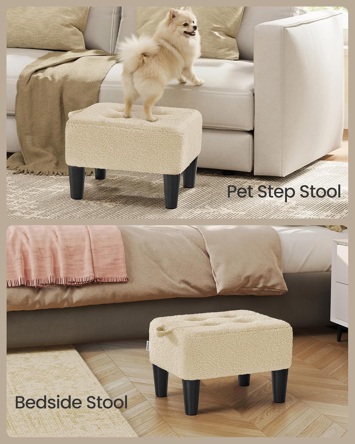 SONGMICS Foot Stool, Small Teddy Fleece Footstool Ottoman with Thick Cushion and Legs, for Living Room, Bedroom, Entryway, 330 lb Weight Capacity, Summer Sand and Ink Black ULOM503LF01