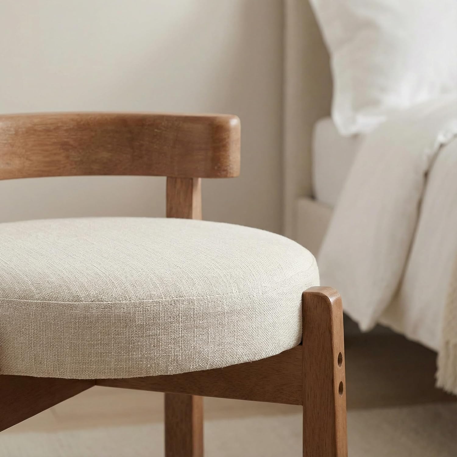 HNY Modern Linen Ottoman- Low-Back Makeup Seat & Lounge Footrest with Solid Wood Frame, Casual Style for Bedroom Dressing Area, Beige