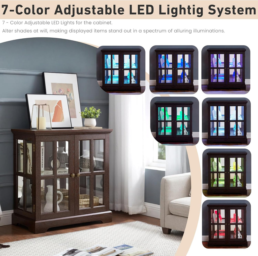 32" H LED Accent Curio Cabinet with 7 Color Lights for Collectibles, Modern Storage Cabinet with Tempered Glass Doors, Sideboard Buffet Case with Smartphone-Controlled Lights (Dark Cherry)
