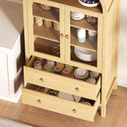 71" Display Arched Storage Cabinet, Kitchen Pantry with Tempered Glass Doors, 2 Large Drawers and Adjustable Shelves, Arched Bookshelf Cabinet for Dining Room Kitchen Office- Natural