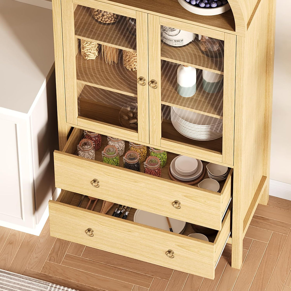 71" Display Arched Storage Cabinet, Kitchen Pantry with Tempered Glass Doors, 2 Large Drawers and Adjustable Shelves, Arched Bookshelf Cabinet for Dining Room Kitchen Office- Natural