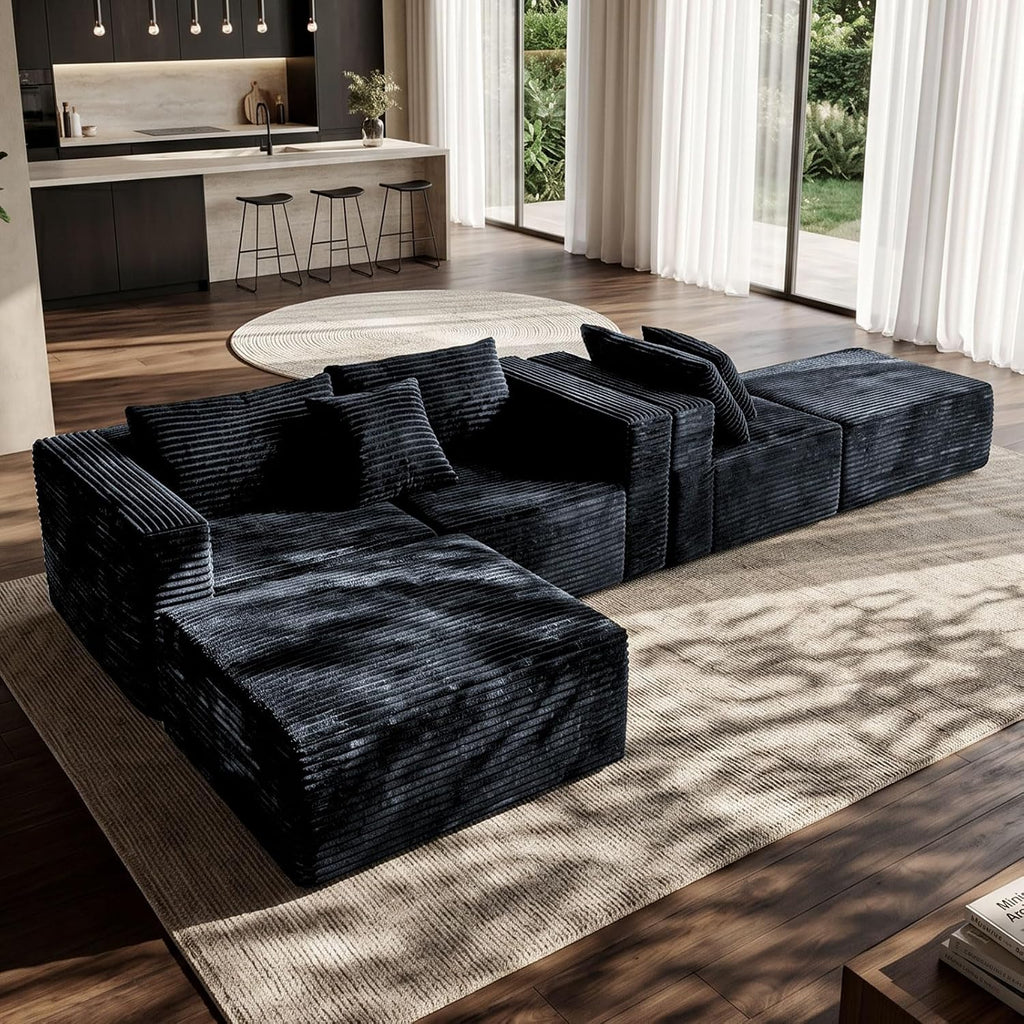 110" Modular Sectional Sofa with 2 Ottomans, U Shaped Cloud Couch for Living Room, Deep Seat Corduroy Floor Sofa, No Assembly Required, Compressed Couch, 5 Seat, Grey
