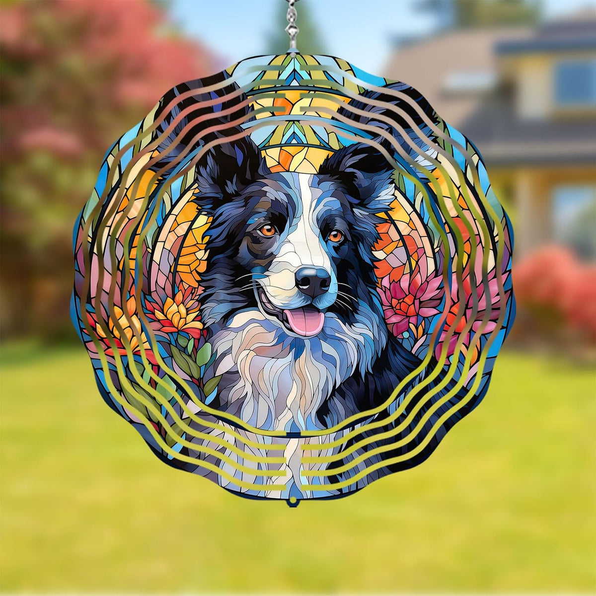 Border Collie Wind Spinner Pet Dog Memorial Gifts 3D Aluminum Metal Kinetic Hanging Wind Sculpture Spinners for Yard and Garden Indoor Outdoor Window Garden Decoration 8 Inch (Border Collie 1)