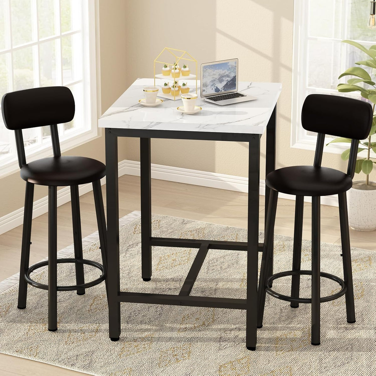 DKLGG Dining Table Set for 2, 24" Square Kitchen Table and Chairs Set with MDF Tabletop & 2 PU Leather Chairs, Bar Pub Dining Set for Small Space Bar Kitchen Living Room Apartment, White