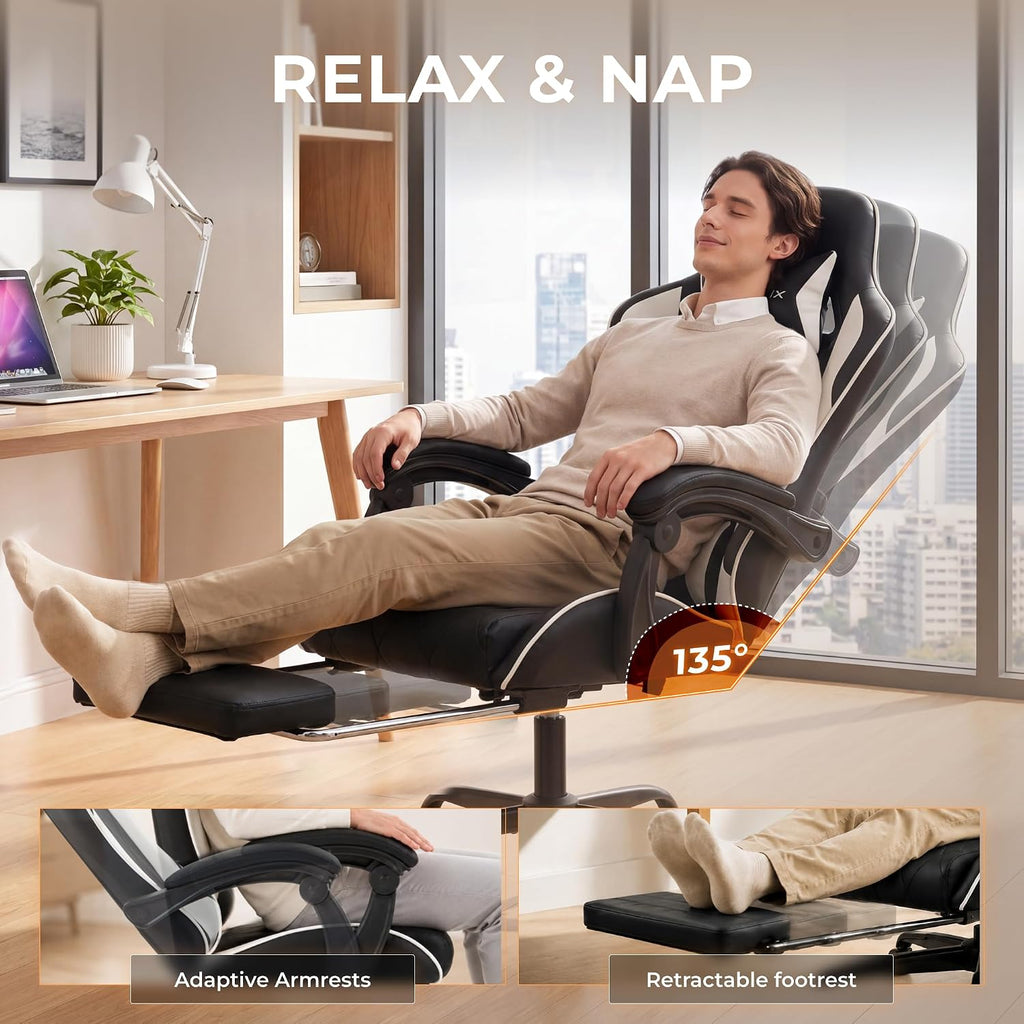 Dowinx Gaming Chair with Footrest, Ergonomic Office Chair, Black White | PU leather over high-density foam with lumbar support; steel frame holds 300 lbs; built for WFH, study, and napping