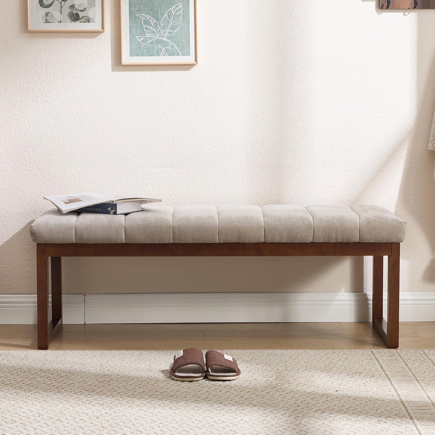 Bedroom Bench for End of Bed, 53.2" Modern Upholstered Chenille Fabric Entryway Bench & Window Bench, Footrest Stool Bench with Solid Wood Frame for Bedroom Living Room, Camel