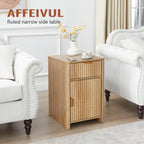 Fluted Narrow End Table with Charging Station, Boho Side Table with Drawer Storage, Small Night Stand with Power Outlets and USB Ports, Sofa Side Table for Living Room, Natural