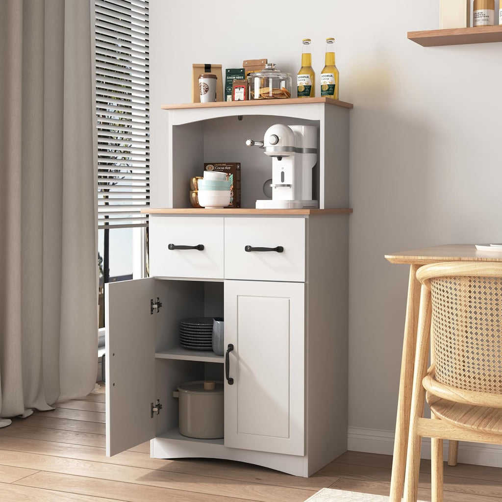 Modern Kitchen Pantry Cabinet, Storage Cabinet with Drawers, Wooden Coffee Bar Cabinet, Sideboard Buffet Cabinet for Dining Room Living Room Kitchen, White