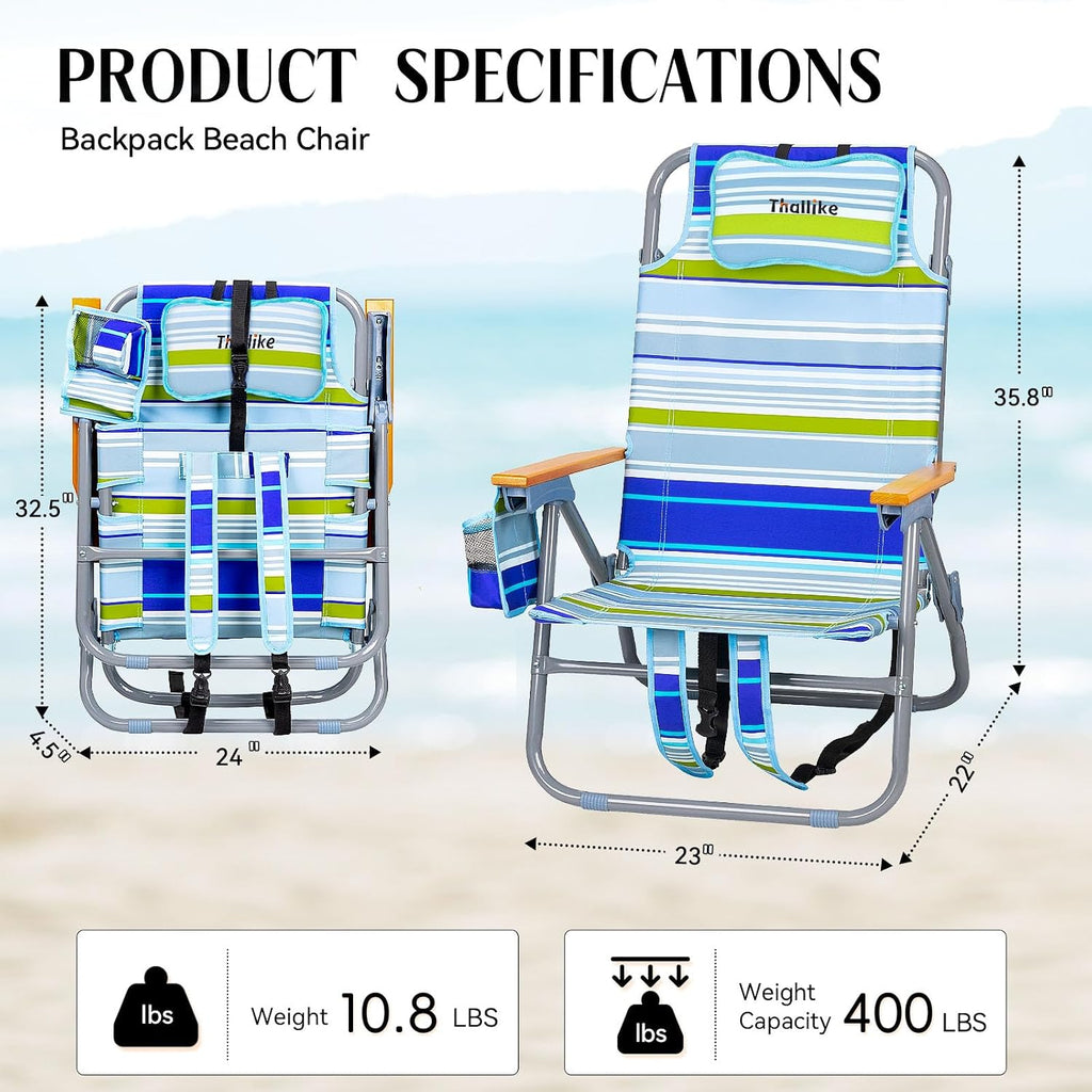 Backpack Beach Chair Wide Seat High Back Folding Camping Chair for Adults 5-Position Recline Supports 400 lbs Portable Chair with Cup Holder Cooler Bag Storage Pouch for Outdoor Lawn Picnic