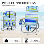Backpack Beach Chair Wide Seat High Back Folding Camping Chair for Adults 5-Position Recline Supports 400 lbs Portable Chair with Cup Holder Cooler Bag Storage Pouch for Outdoor Lawn Picnic