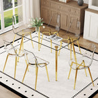 Ebullient Glass Dining Table Set for 6, 51" Clear Tempered Glass Table with Gold Chrome Metal Legs and 6 Transparent Acrylic Chairs, Compact Modern Kitchen Table Set for Small Space Dining Room